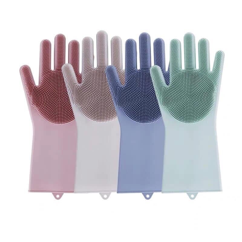 B114 combo 2 đôi Găng tay rửa bát chén có gai tạo bọt, găng tay cao su silicon dẻo dai chịu nhiệt, bảo vệ an toàn da tay