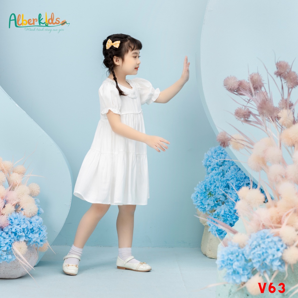 Váy bé gái ALBERKIDS cổ gân tròn tay bèo chun 2 lớp công chúa xinh đẹp cho trẻ em 2,3,4,5,6,7,8,9,10,11,12 tuổi [V63]