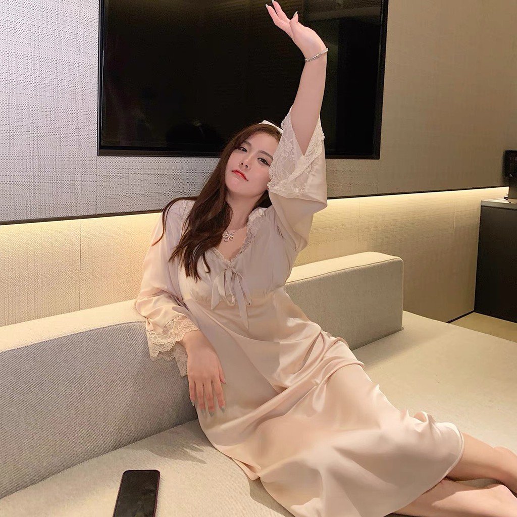 [Hàng Cao Cấp]Váy lụa ngủ dài tay dáng dài phối ren, đầm ngủ lụa cao cấp dài tay mềm mịn mặc thoáng nhẹ thanh lịch | BigBuy360 - bigbuy360.vn
