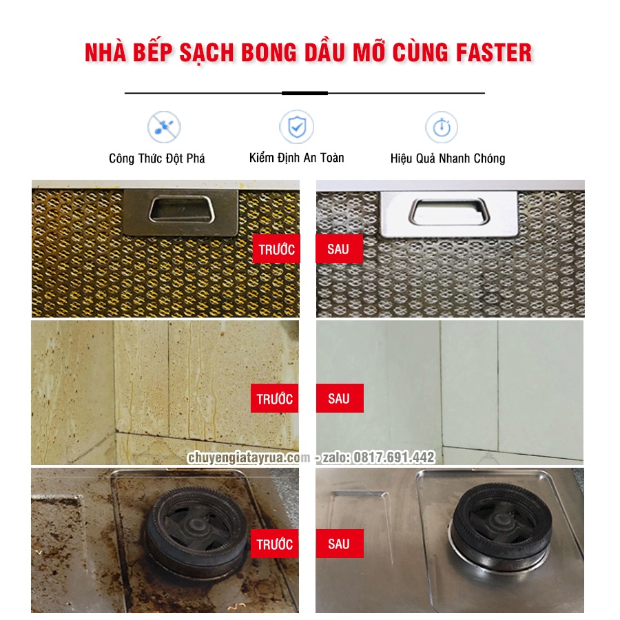 Tẩy Dầu Mỡ Nhà Bếp, Vệ Sinh Máy Hút Mùi, Vệ Sinh Bếp Gas Siêu Mạnh Faster CO Chai Lớn 500ml