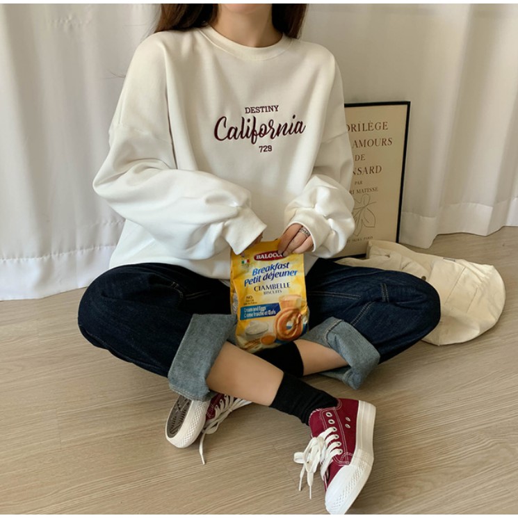 áo sweater nữ nhập khẩu chính hãng tại Hàn Quốc dáng Unisex tay dài form rộng in chữ california siêu đẹp