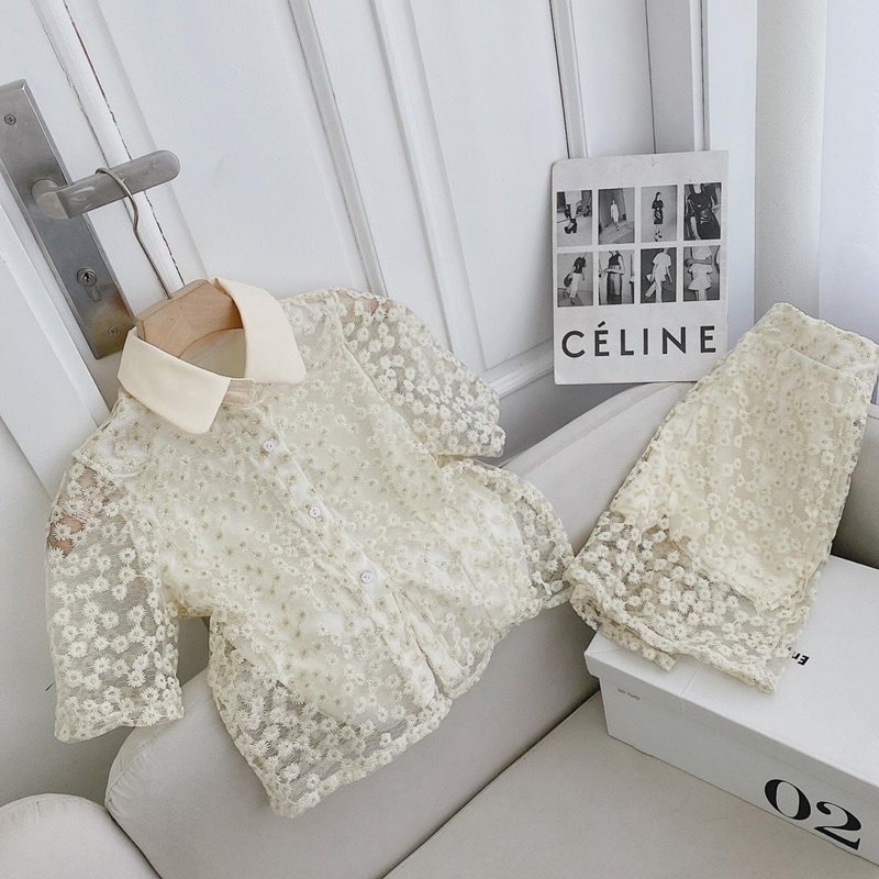 (Ảnh Thật ) Sét áo kèm chân váy thêu hoa cúc nổi siêu đẹp tôn dáng xinh