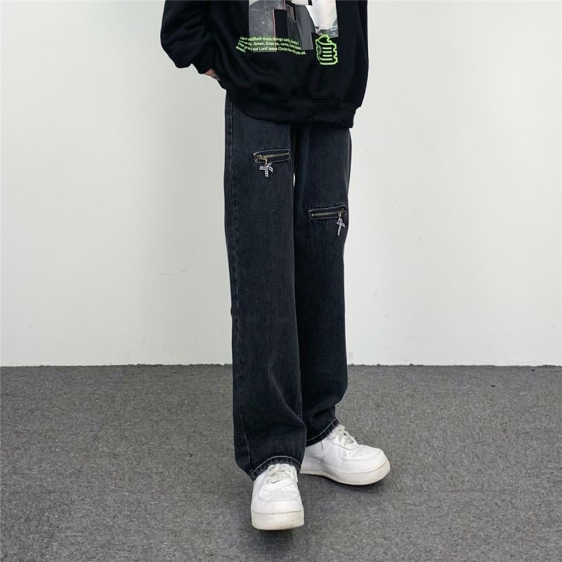 Quần Jeans Đen Dài Ống Đứng Có Khóa Kéo Phong Cách Hip Hop Đường Phố