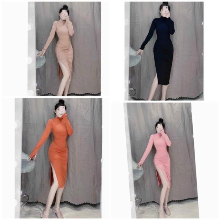 🌺 Đầm Body Tay Dài Cổ Lọ Xẻ Tà Xỏ Ngón Hàng L1 (ảnh thật trải sàn)🍂 New !