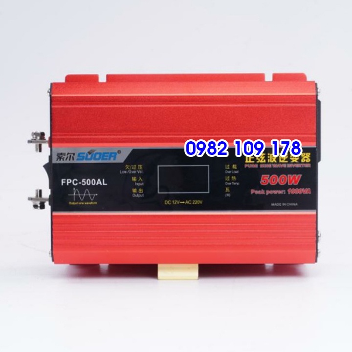 Máy chuyển điện sin chuẩn 500w 12v lên 220v có màn hình hiển thị hãng Suoer - FPC-500AL LCD