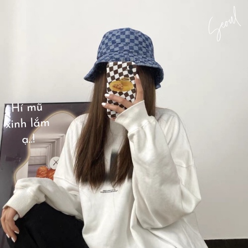 Mũ denim họa tiết kẻ Caro cao cấp phong cách hàn quốc, nón bcuket vành tròn đi biển mới nhất 2022
