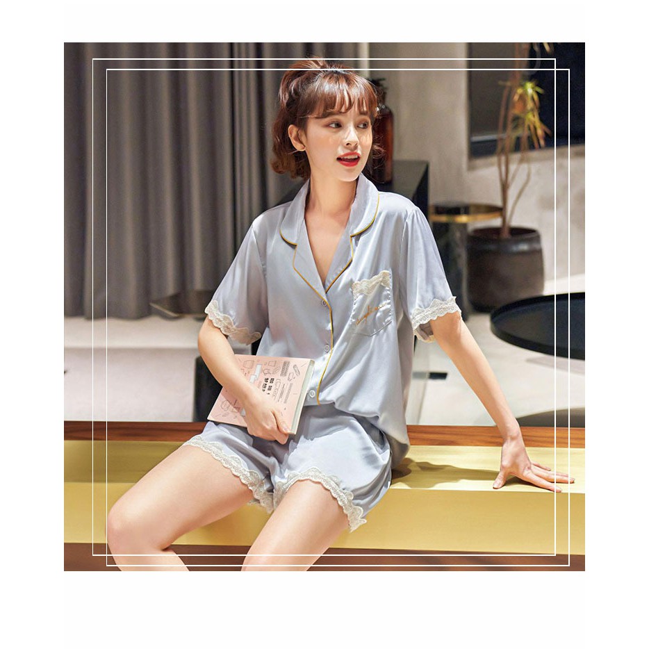 Pijama- Bộ Ngủ Lụa Set Cộc Mặc Nhà Màu Xanh Xám Viền Ren CCLP01
