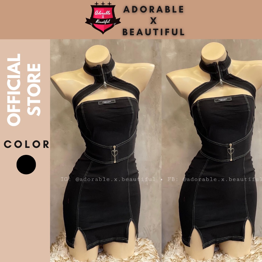 Đầm Denim Body Đen Dây Kéo Xẽ Ngực Phong Cách Sexy Quyến Rũ [AdorablexBeautiful]