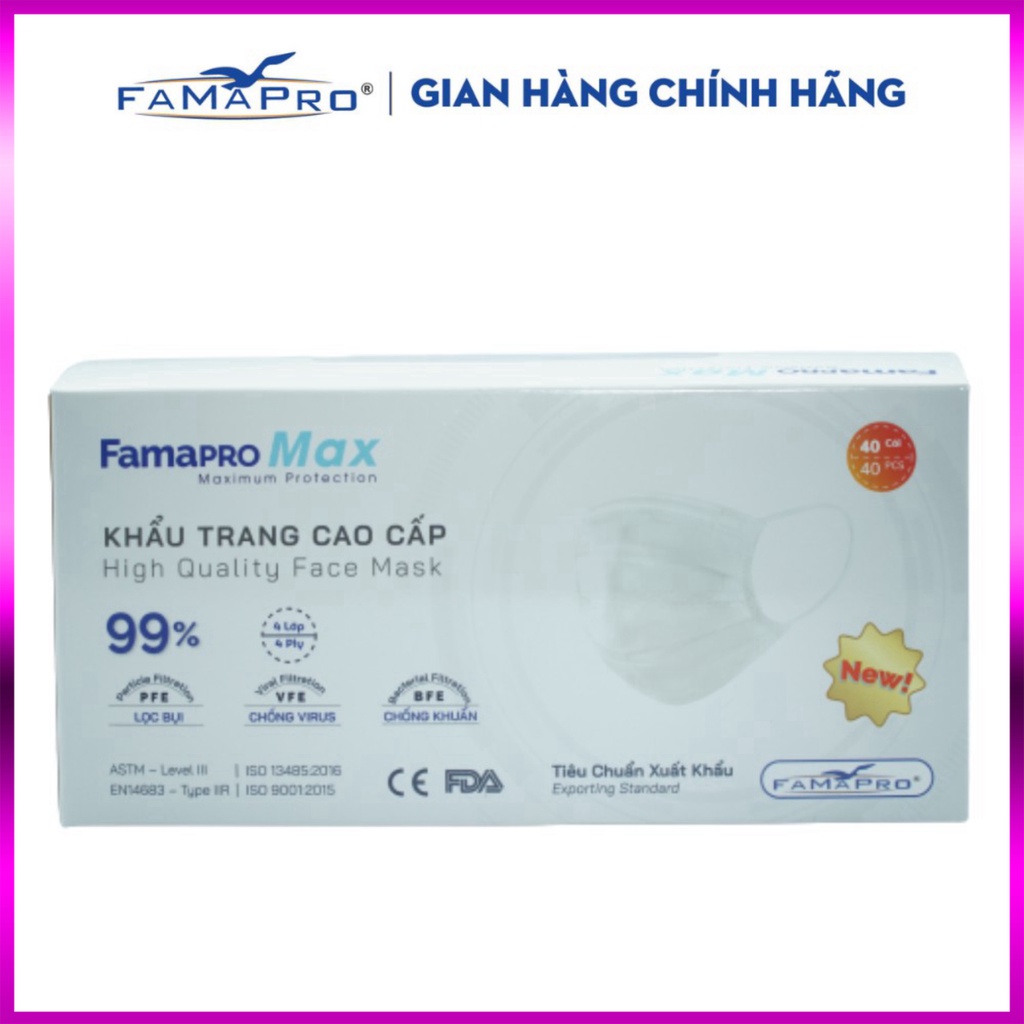 Khẩu trang y tế cao cấp kháng khuẩn 4 lớp Famapro max màu trắng (40 cái /hộp)