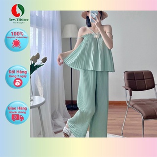 Set bộ áo 2 dây viền bèo phối quần suông ống rộng cực xinh chất vải lụa dập ly siêu đẹp