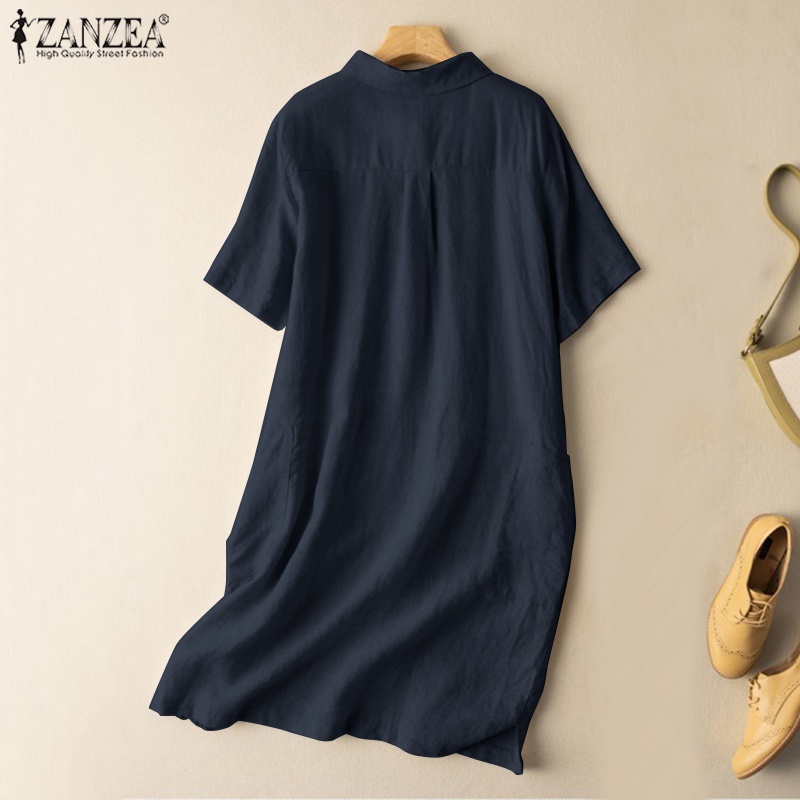 Đầm midi Zanzea tay ngắn cổ bẻ có túi bên dáng rộng sành điệu cho nữ