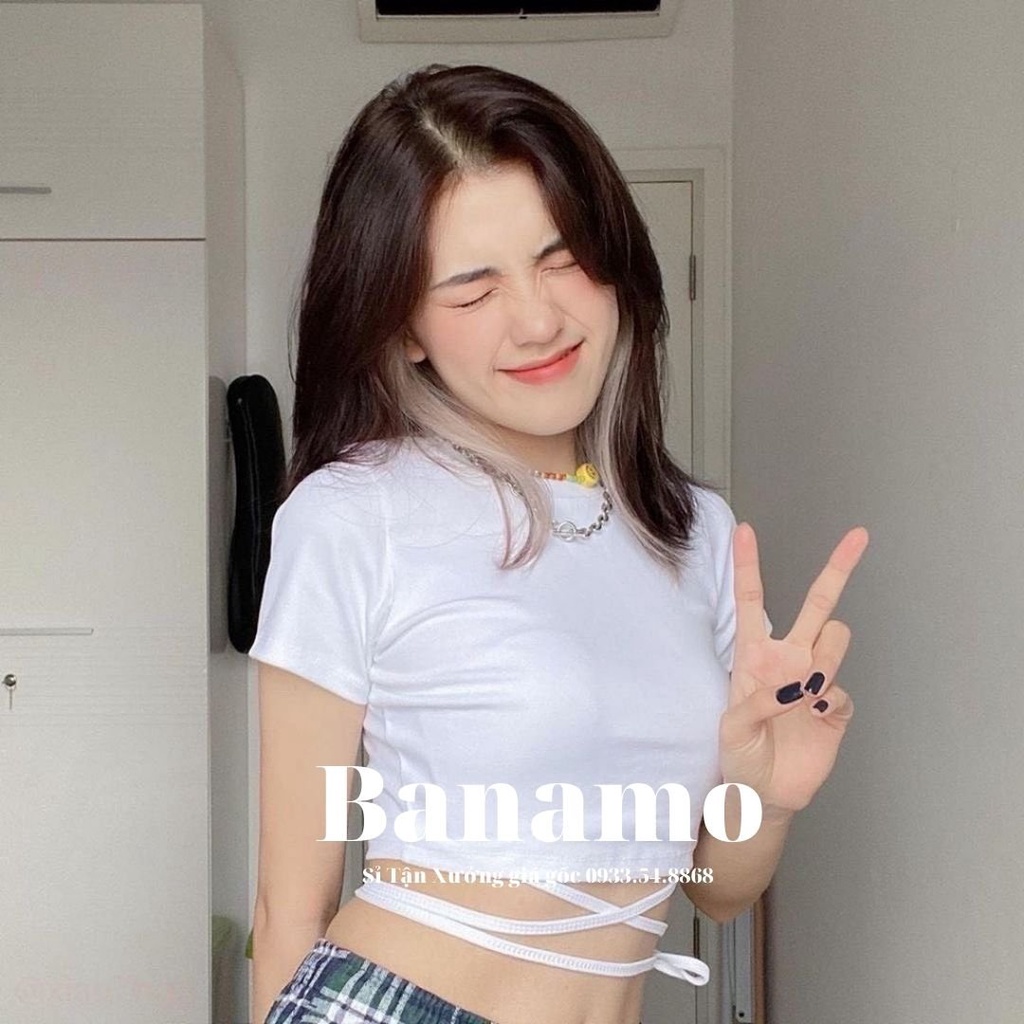 Áo thun nữ croptop cộc tay phối dây eo thời trang Banamo Fashion chất cotton áo croptop cộc tay dây eo 3123