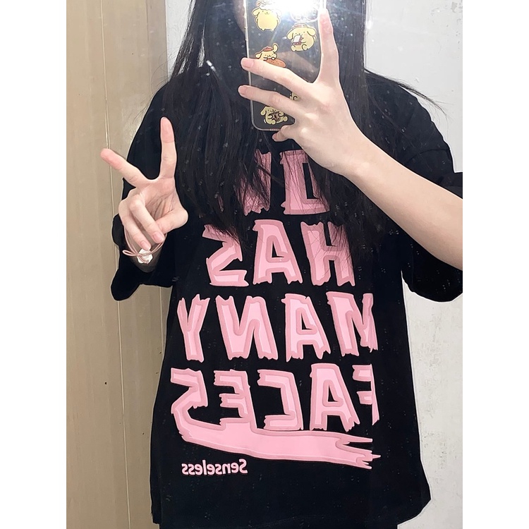 Áo Thun Nữ Ngắn Tay Màu Đen In Chữ Phong Cách Retro Mỹ