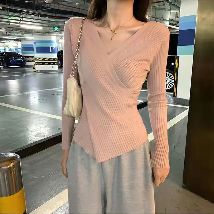 Áo Dệt Kim Nữ Tay Dài Cổ Chữ V Phong Cách Hàn Quốc