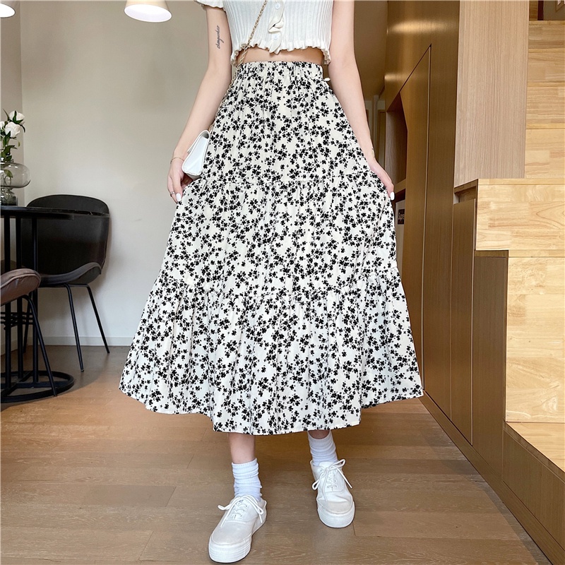 SUXI Chân váy hoa chữ A lưng cao co giãn phong cách retro cho nữ