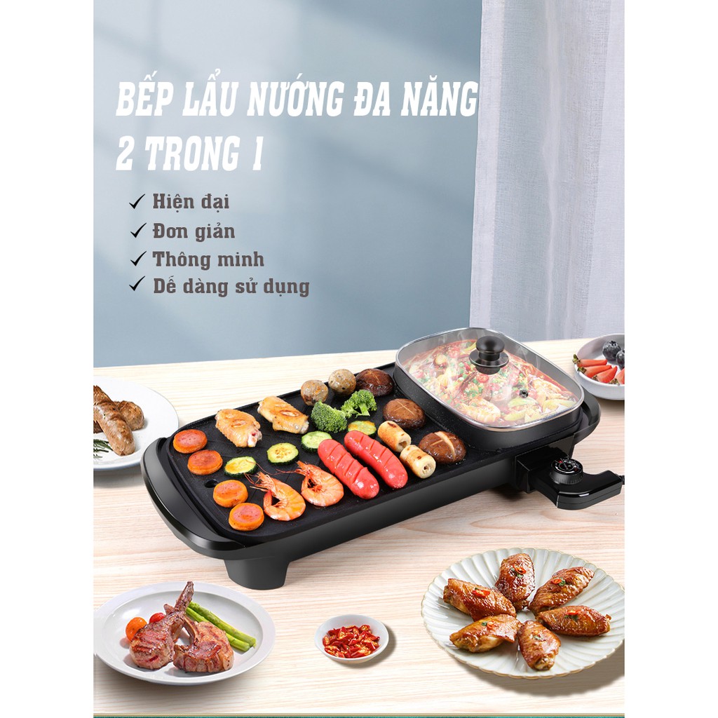 Bếp Nướng Lẩu 2 Ngăn Dài ⚡ ĐA NĂNG ⚡ Nồi lẩu nướng điện 2 trong 1 tiết kiệm điện năng- GD201