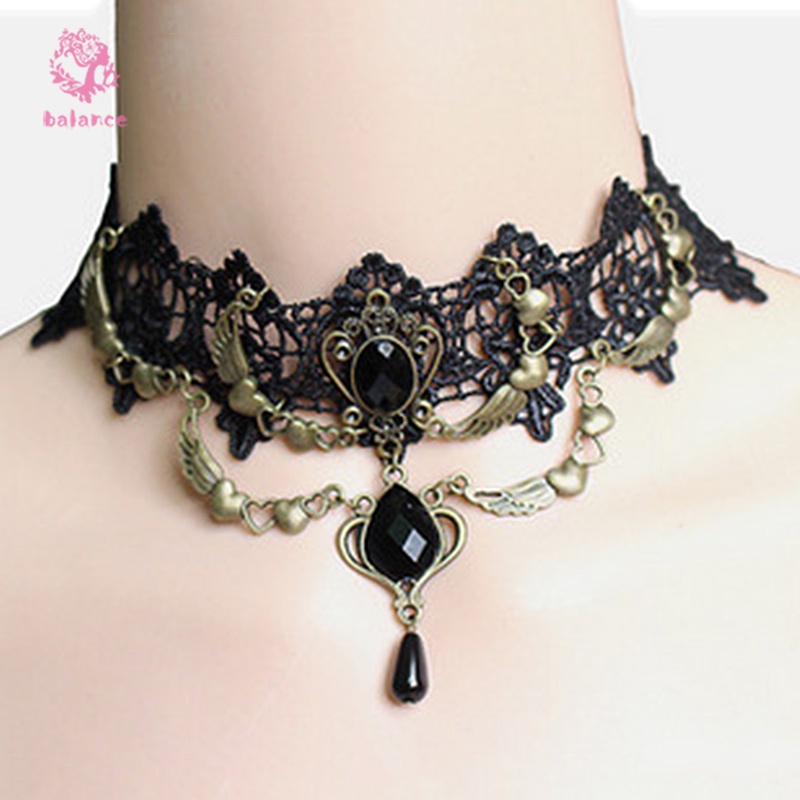 Vòng cổ choker phối ren đính đá quý phong cách cổ điển cho nữ