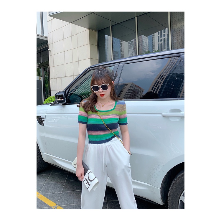 Áo Thun Dệt Kim Ngắn Tay Cổ Vuông Họa Tiết Kẻ Sọc Thời Trang Mùa Hè Mới Cho Nữ