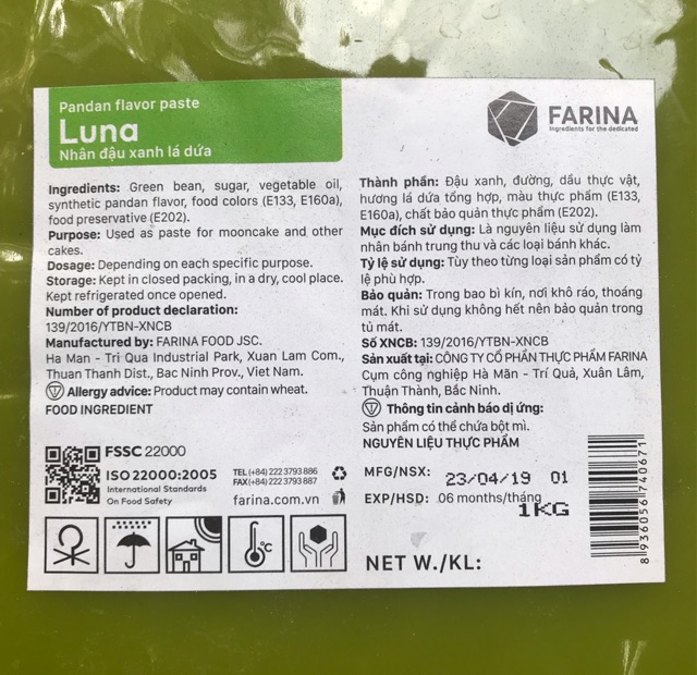 Nhân Đậu Xanh Lá Dứa Farina 1kg