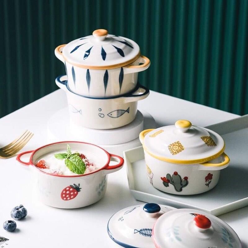 Bát sứ có nắp cho bé ăn dặm hoạ tiết xinh xắn