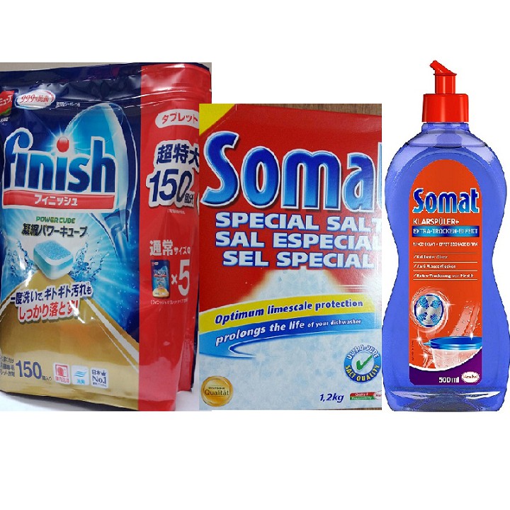 Bộ 3 sản phẩm viên rửa bát finish 150 viên + muối rửa bát 1,2 kg Somat + nuớc làm bóng Somat
