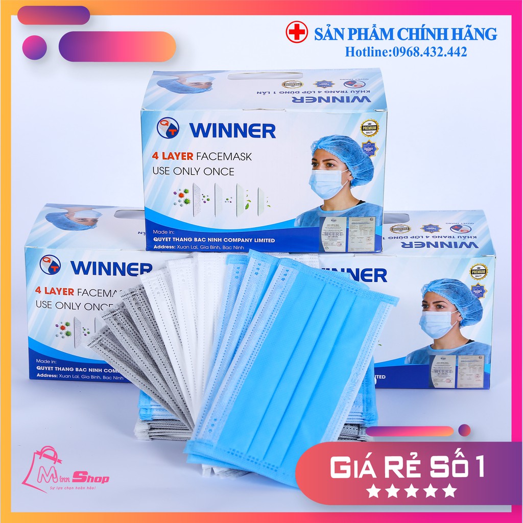 Khẩu trang Y tế Winner 4 lớp - Chính hãng công ty Quyết Thắng - Hộp 50 cái