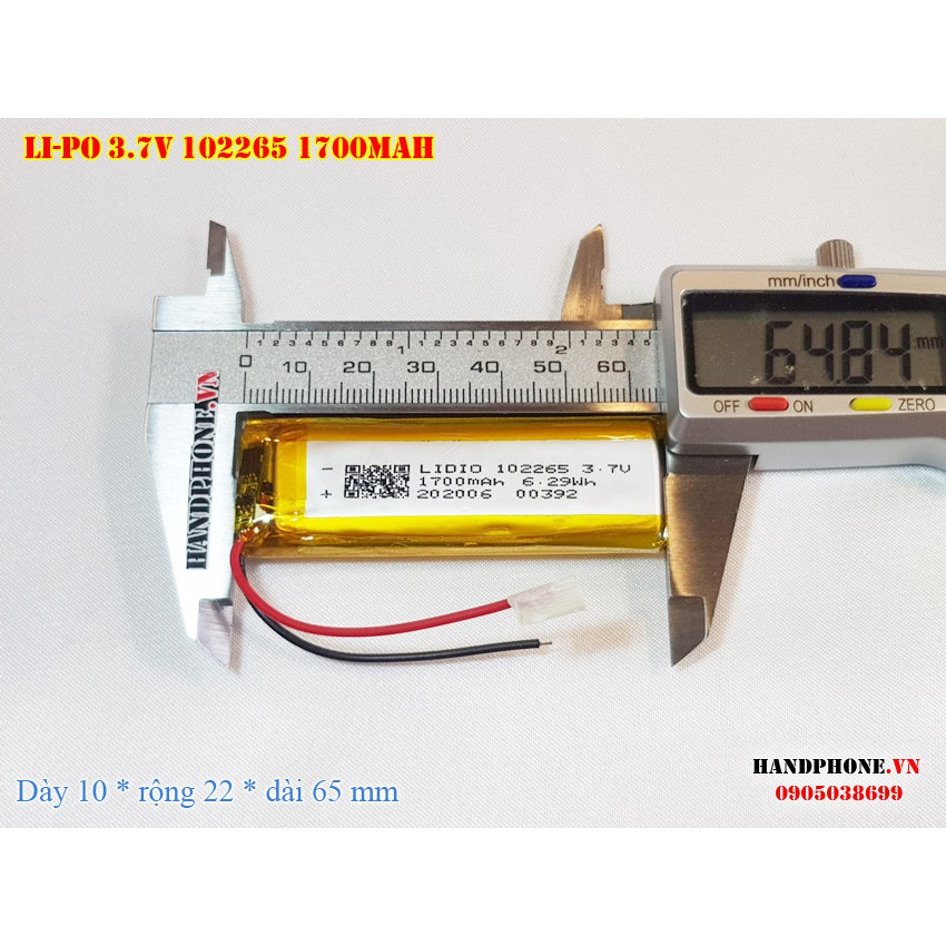 Pin Li-Po 3.7V 1700mAh 102265 (Lithium Polymer) cho loa Bluetooth, Camera Hành Trình, Thiết bị Y Tế, bàn phím Bluetooth