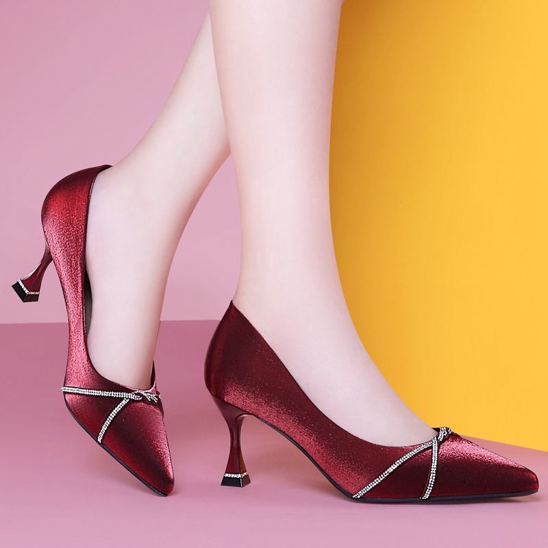 ﹉✈✵Spring and autumn new style rhinestone satin pointed red high heels women s shallow stiletto party dress single shoes