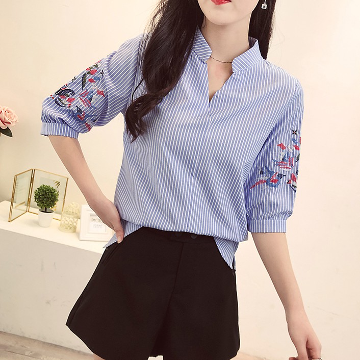 Áo sơ mi cổ chữ V thêu họa tiết thời trang dành cho nữ