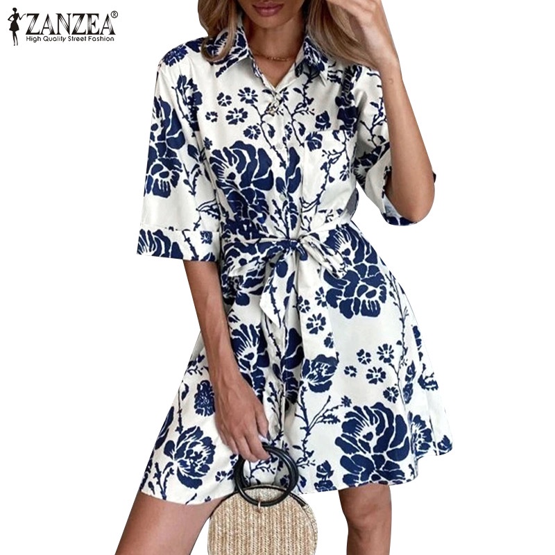 Đầm mini Zanzea cổ bẻ tay lỡ in họa tiết hoa thời trang cho nữ