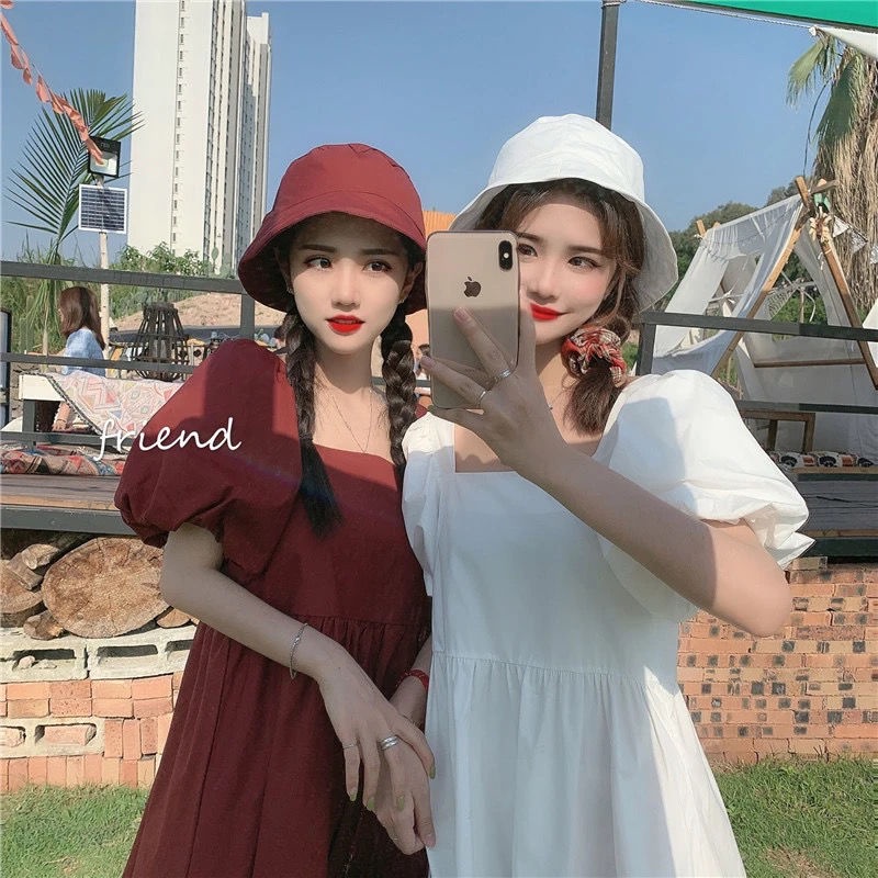 Đầm Chữ A Tay Phồng Cổ Vuông Form Rộng Phong Cách Hàn Quốc Mới