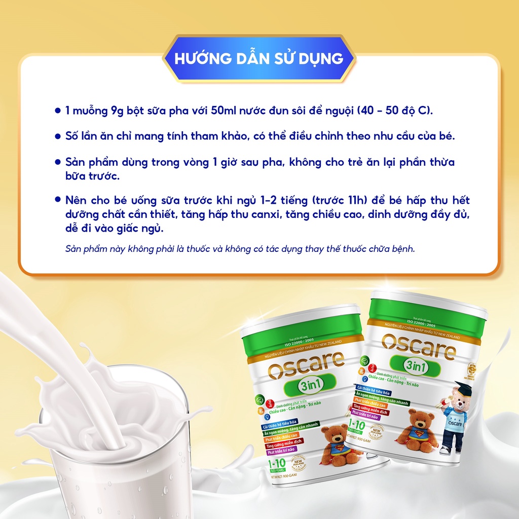Sữa Bột Cho Bé Phát Triển Chiều Cao, Cân Nặng Và Trí Thông Minh OSCARE 3 Trong 1 IQ Hộp 400-900g