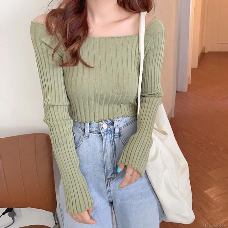 Áo sweater crop top tay dài cổ vuông kiểu dáng thời trang dành cho nữ