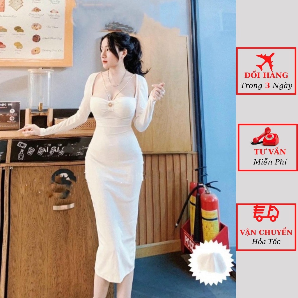 Váy body 2 dây xích cúp ngực dài tay cổ V dáng dài maxi tôn dáng mùa thu đông sang chảnh dự tiệc cưới Hàn Quốc