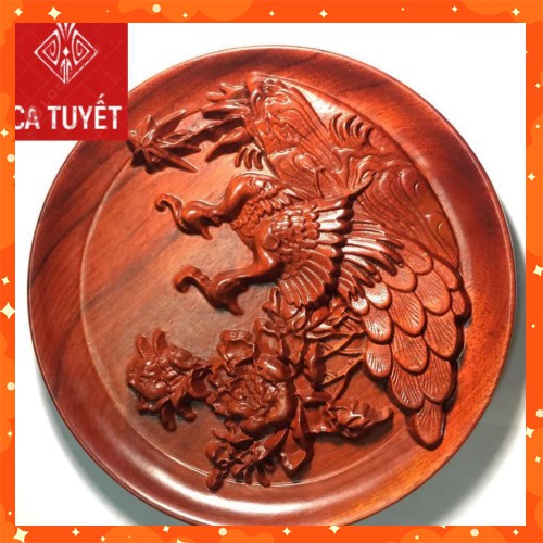 ĐĨA GỖ HƯƠNG VÂN NGUYÊN KHỐI ĐỂ BÀN, KỆ TỦ ĐÔI CHIM CÔNG SIÊU ĐẸP ( SIZE 26CM) (ẢNH THẬT)