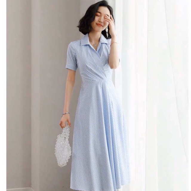 Đầm váy freesize sọc xanh form dài xếp li eo