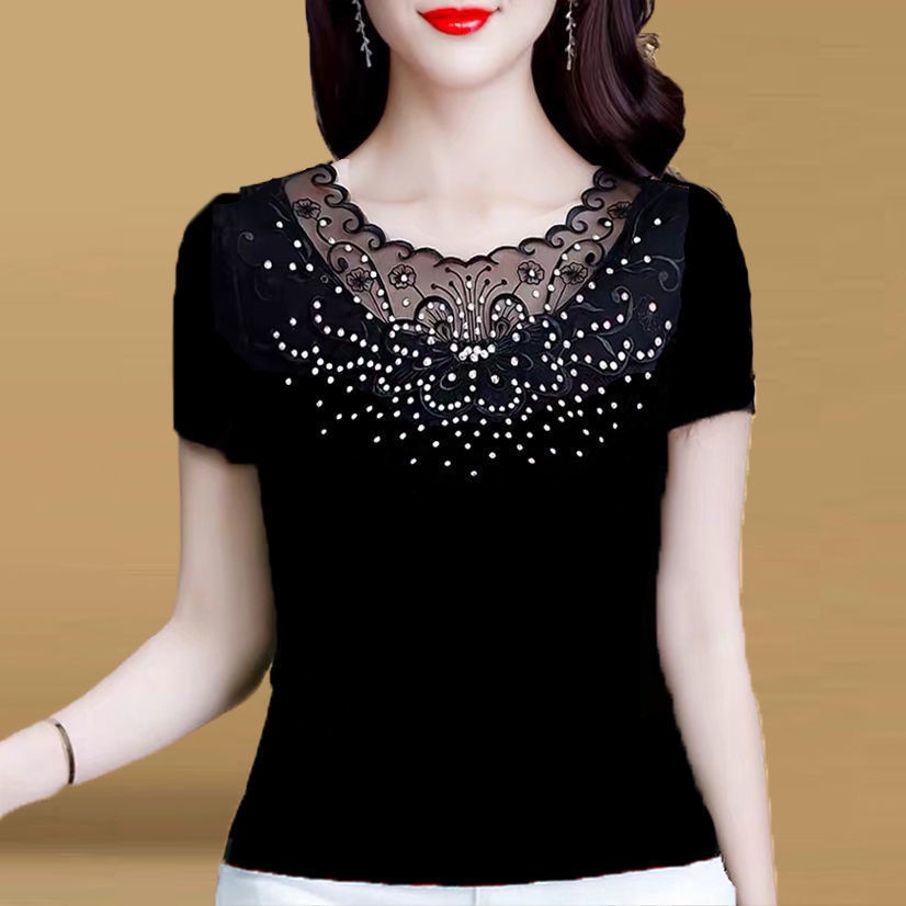 Áo thun tay ngắn dáng rộng phối ren đính đá thời trang mùa hè cho phụ nữ trung niên