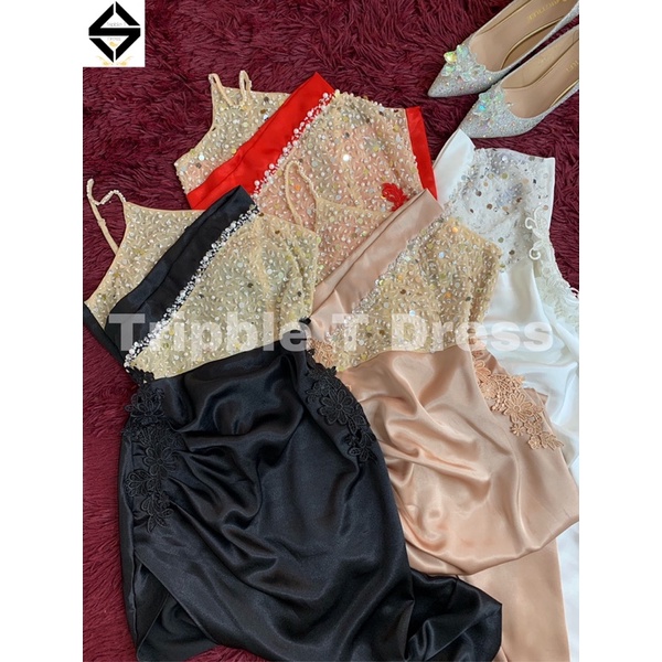Đầm body 2 dây dự tiệc kết kim sa phối hoa ren nổi chất phi thun lụa TRIPBLE T DRESS - size M/L - MS359V