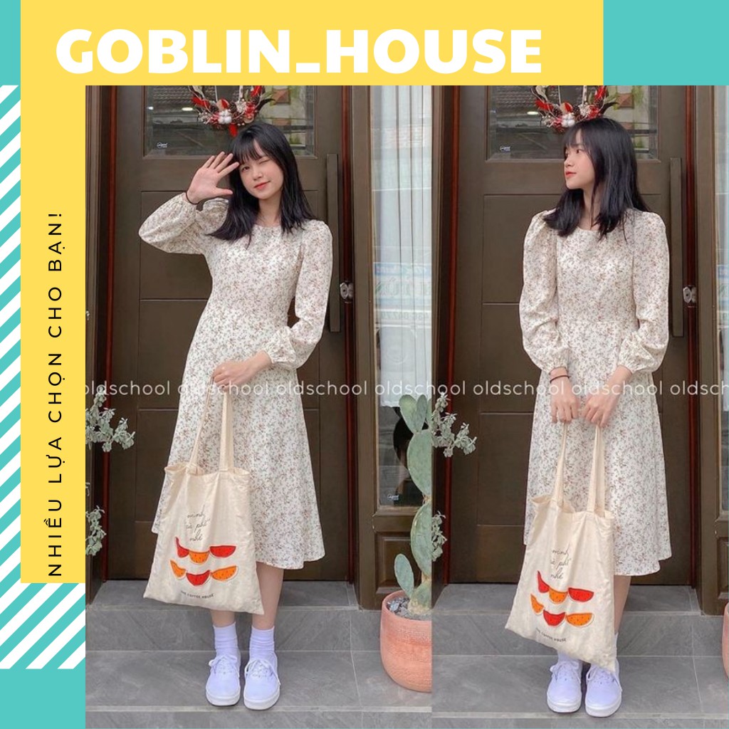 Váy hoa cỏ vintage dáng xòe chữ A / Váy nữ dài tay dáng dài / HÀNG SẴN