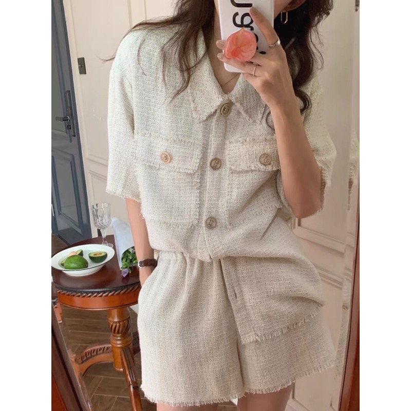 Bộ vest ngắn xinh xắn sang chảnh cho nữ Set bộ dạ tweed gồm 1 áo ngắn tay với 1 quần short order