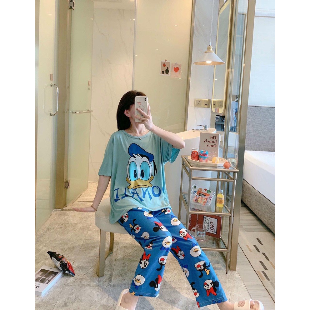 Set đồ bộ nữ thun lạnh cotton in hình 3D vịt donald cực dễ thương, chất thun cotton mềm mịn, thoải mái, co giãn tốt
