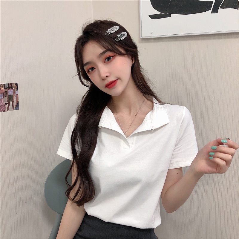 Áo polo Tay Ngắn Màu Trắng Phong Cách Hàn Quốc Thời Trang Mùa Hè Cho Nữ