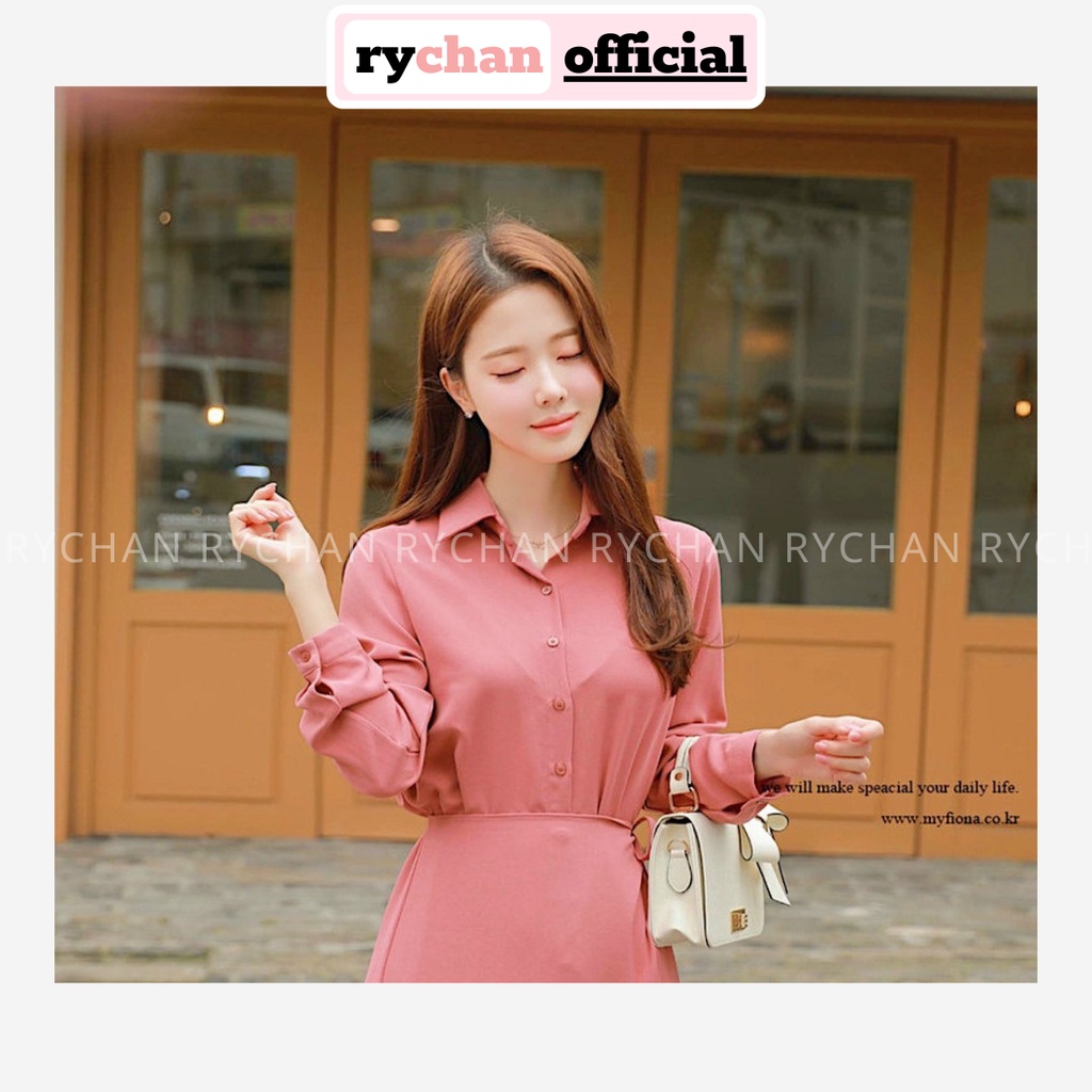 Đầm Sơmi Xòe Midi Hồng Tay Dài Cột Lưng  - DX0100