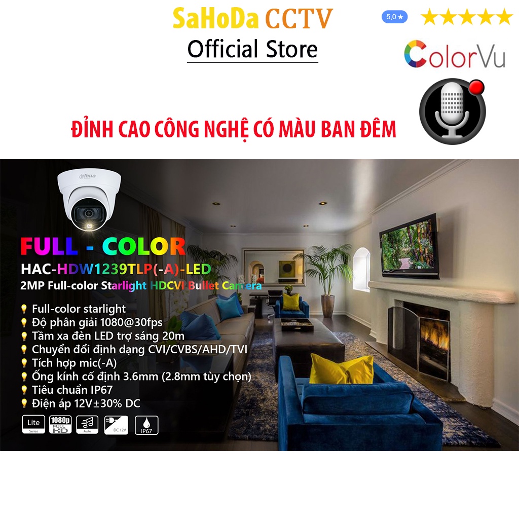 Bộ camera Dahua Colorvu tích hợp micro, Trọn bộ camera Dahua 8 mắt có màu ban đêm tích hợp micro thu âm chính hãng