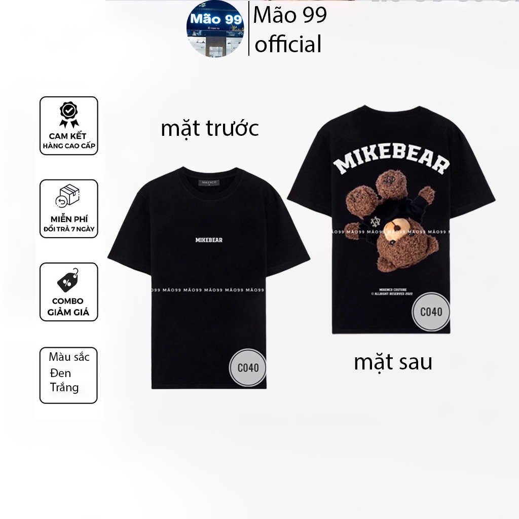 Áo thun nam nữ, phông unisex cộc tay hai màu trắng đen in hình gấu măt sau lưng chất liệu cotton Mão99 Ms C 040