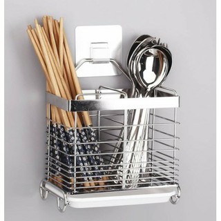 ống đựng đũa, muỗng vuông - ống đũa đôi inox treo đồ phòng bếp dán tường gạch men
