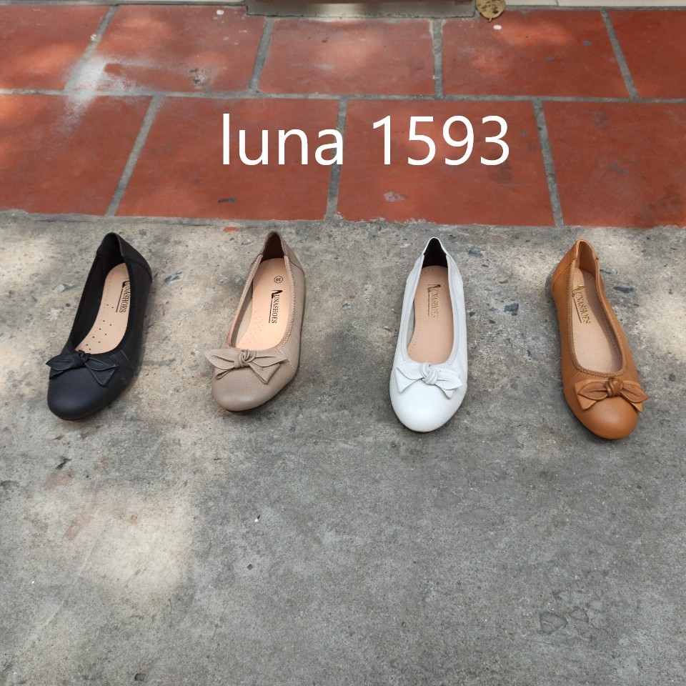 Giày bệt nữ mũi nhọn da bò Lunashoes (1593) giầy đế bằng có nơ cao cấp dễ đi màu đen (BH 24TH)