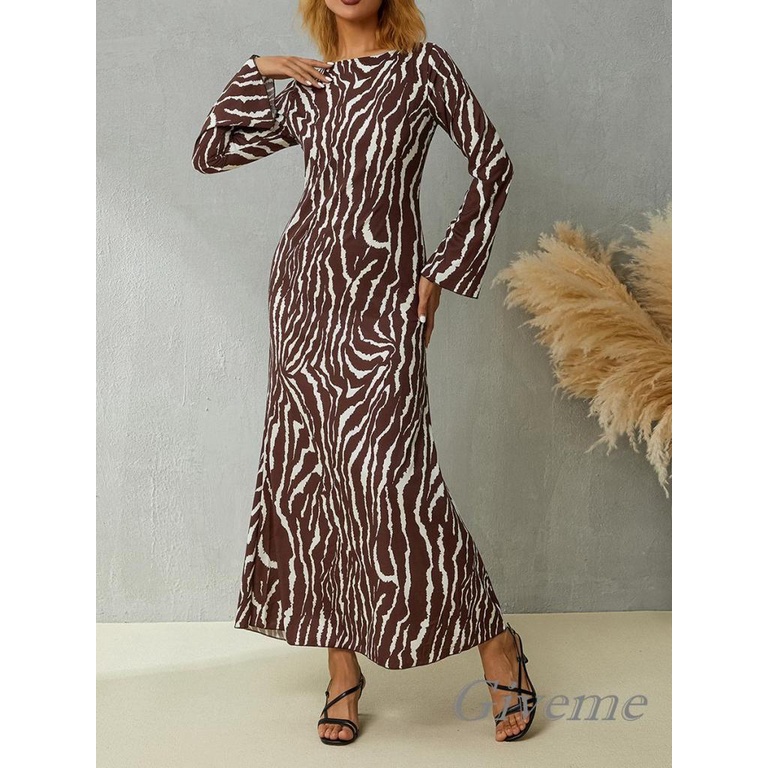 Đầm Dự Tiệc Dài Tay Cổ Tròn In Họa Tiết Ngựa Vằn Thời Trang Thu Đông Cho Nữ