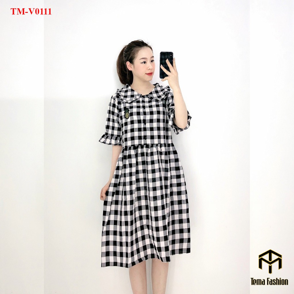Đầm bigsize MIA - Váy bầu chất cotton mát kẻ caro dáng dài cổ sen siêu xinh