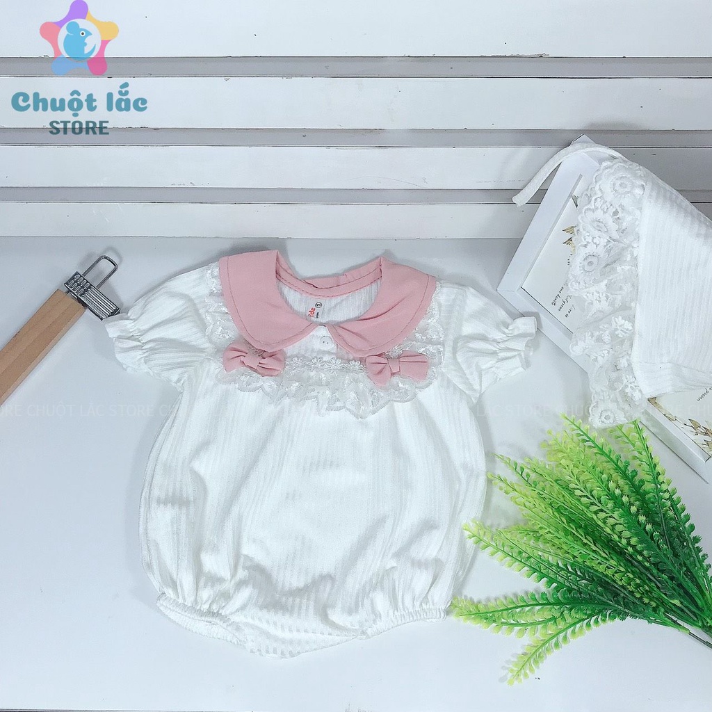 Đồ Bộ Body Cho Bé Gái Sơ Sinh Chuột Lắc Store Chất Cotton Len Cổ Sen Viền Ren Kèm Mũ Màu Hồng, Trắng